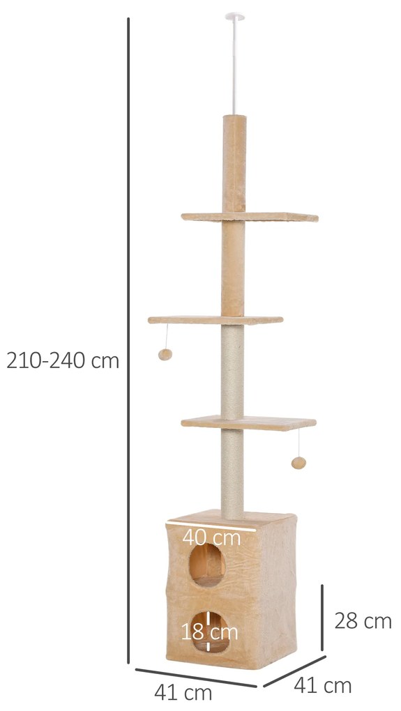 Stalp de zgariat de Pod pe mai multe Niveluri 210-240cm cu franghie din Iuta Galben PawHut | Aosom RO