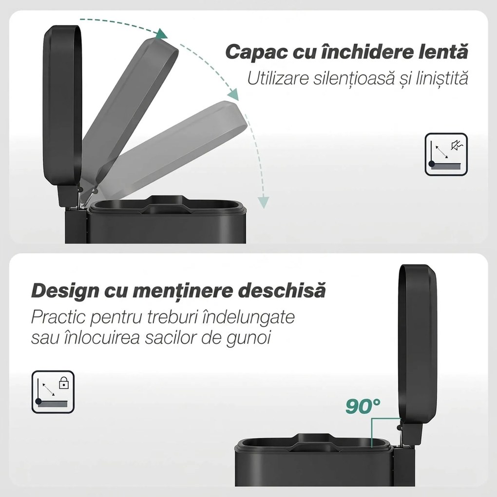 HOMCOM Coș de gunoi dreptunghiular cu pedală 20 L din metal, cu capac, găleată detașabilă, antiamprentă, negru | Aosom Romania