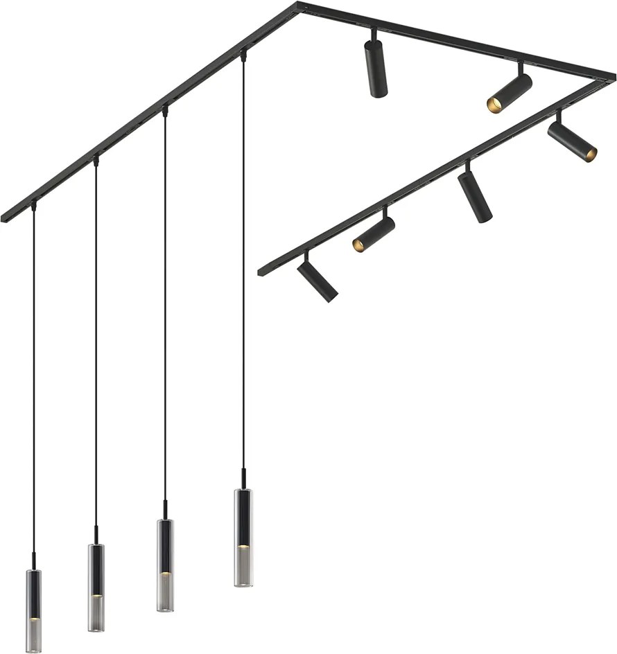 Sistem de iluminat pe șină modern negru cu 6 spoturi și 4 lumini suspendate monofazate - Slimline Uzzy Loyce