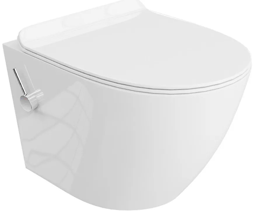 Set vas WC suspendat Rune Vedis cu functie de bideu Rimless alb si capac slim softclose