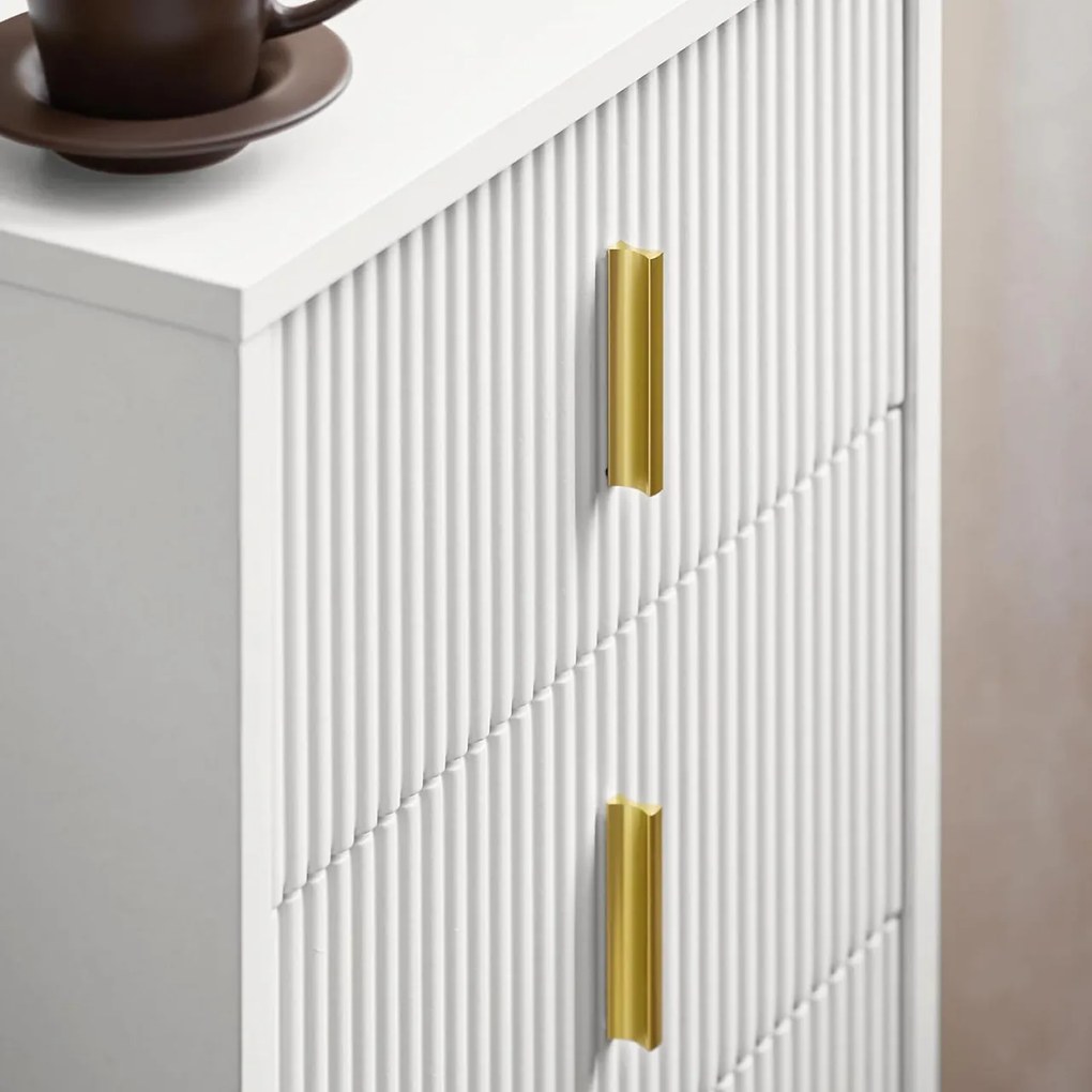 NOA45 - Set 2x Noptiere albe 40x40x63cm, riflaje, cu sau fara Priza, cu 3 sertare, dormitor - Alb-Auriu