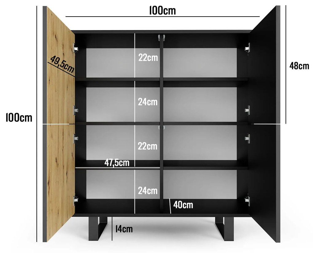 Comoda moderna cu 4 usi , pentru living ,dormitor, deschidere push open, rafturi, model riflaj , stejar  negru , picioare negre moderne,  ,100 x114x40