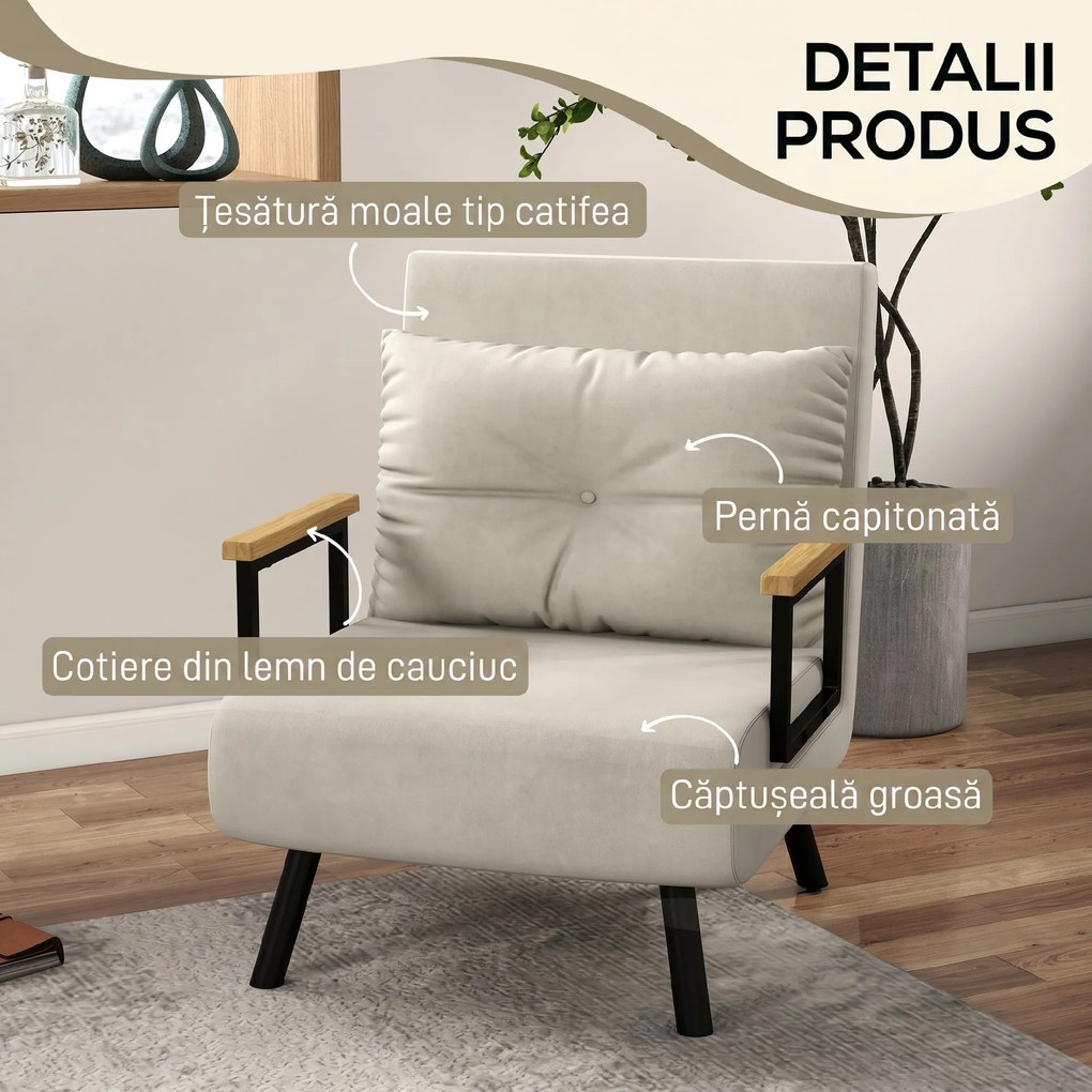 HOMCOM Canapele Extensibile Individuală Alb Crem 63x73x81 cm cu Pernă Extensibilă pe 5 Nivele | Aosom Romania
