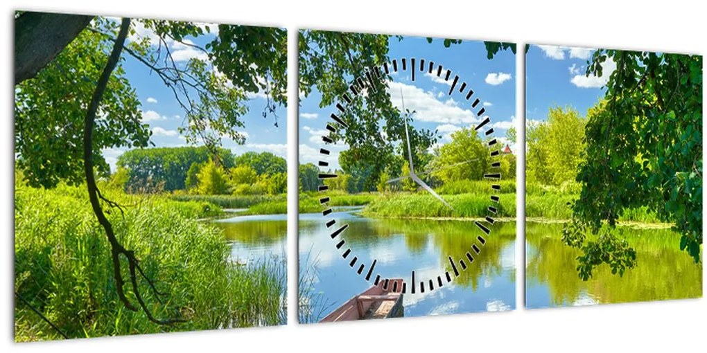 Tablou cu râu de vară și barcă (cu ceas) (90x30 cm)