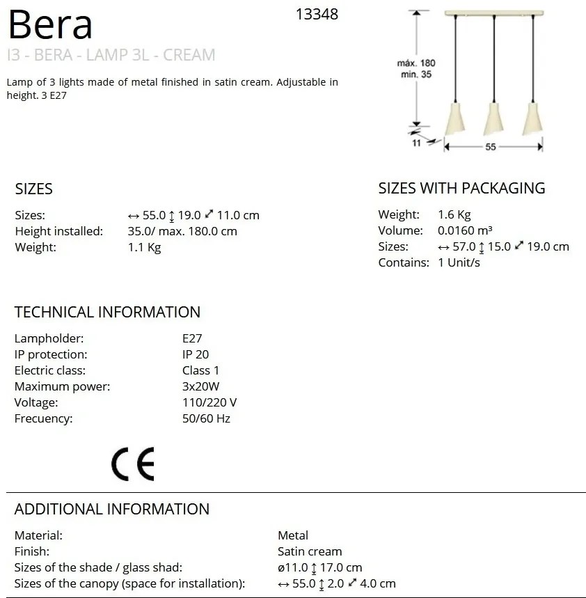 Lustra cu 3 pendule din metal crem satinat Bera