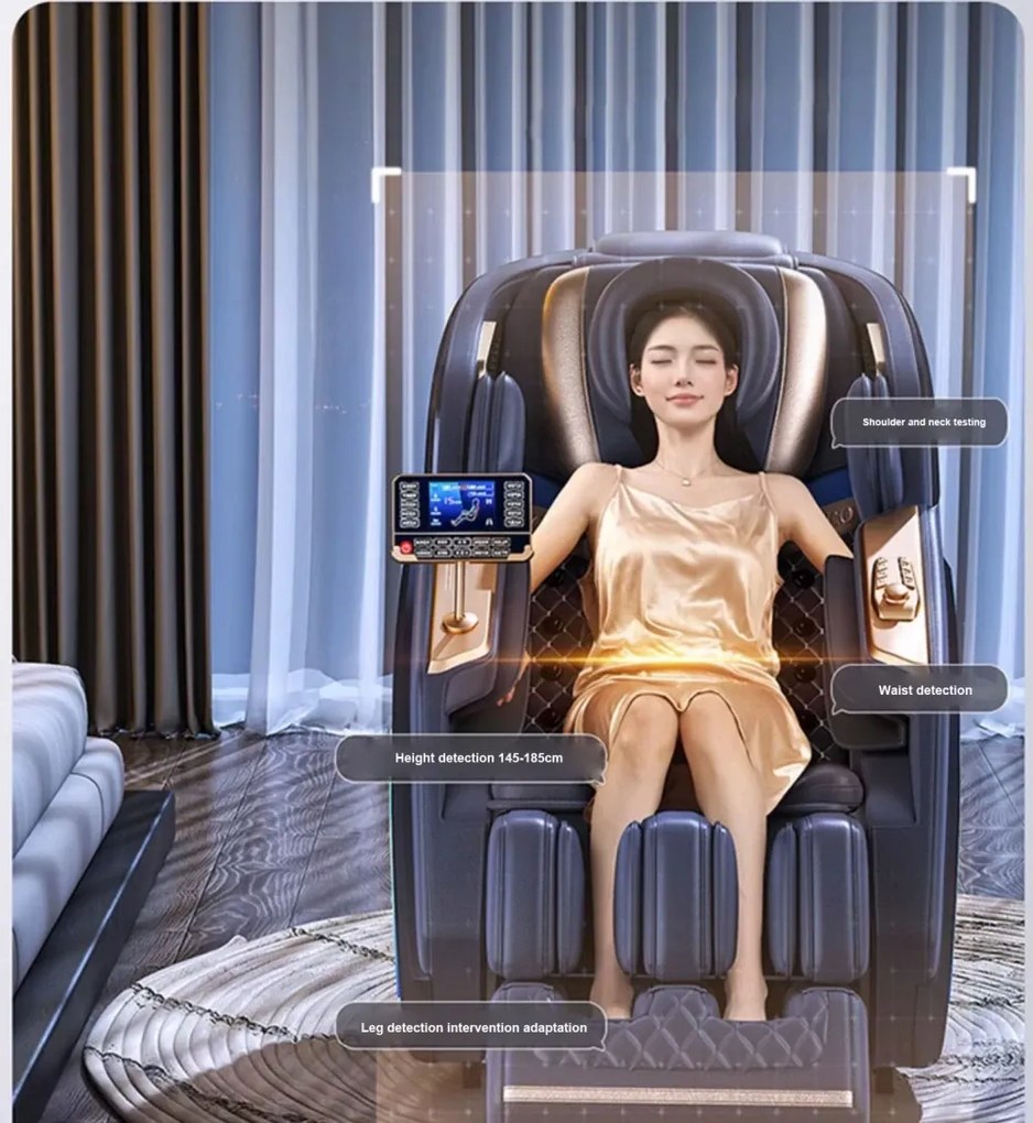 RESIGILAT- Fotoliu de masaj PRIMUS CONFORT, cu Incalzire, Bluetooth, Display, Ecran tactil, Zero Gravity, 2 Boxe, Moduri Automate, Suport Picioare extensibil, Piele Ecologica Premium, Auriu