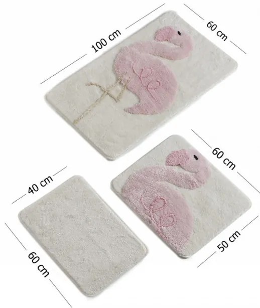 Set 3 Covorase de Baie Pınk Flamıngo, Acrilic, Crem / Roz