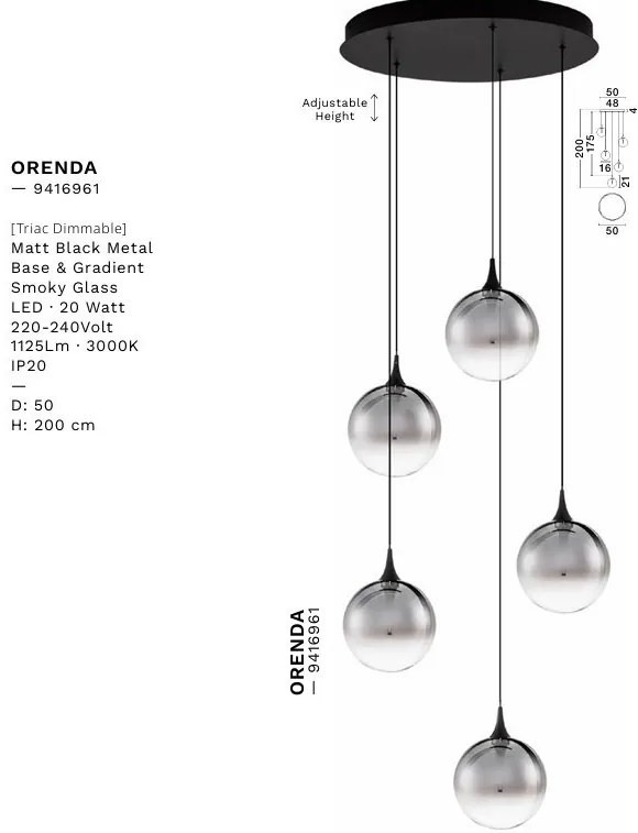 Lustra moderna cu 5 pendule LED, Metal, Sticla, Fumuriu, ORENDA