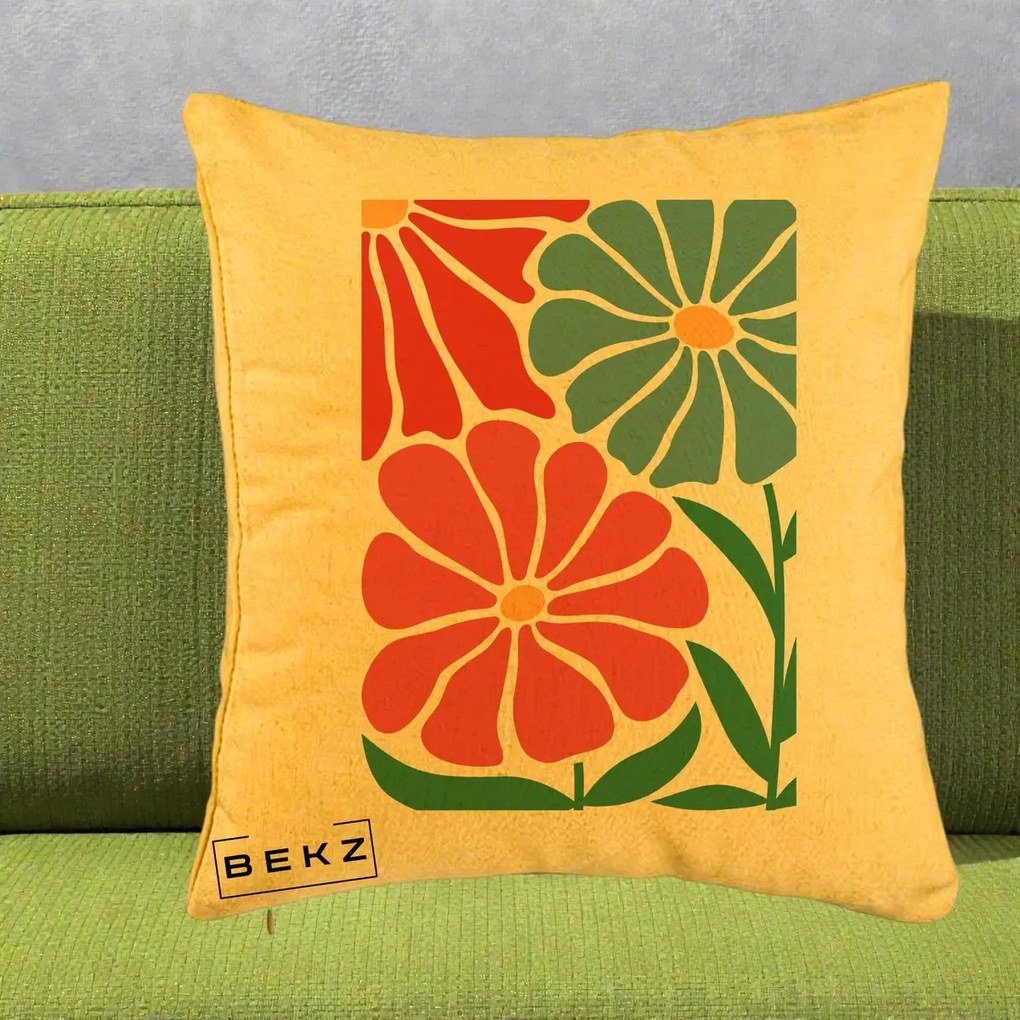 Perna Decorativa Flori Grafice Rosu-Albastru, 40x40 cm, Galben, Husa Detasabila, Perna Inclusa, BEKZ®
