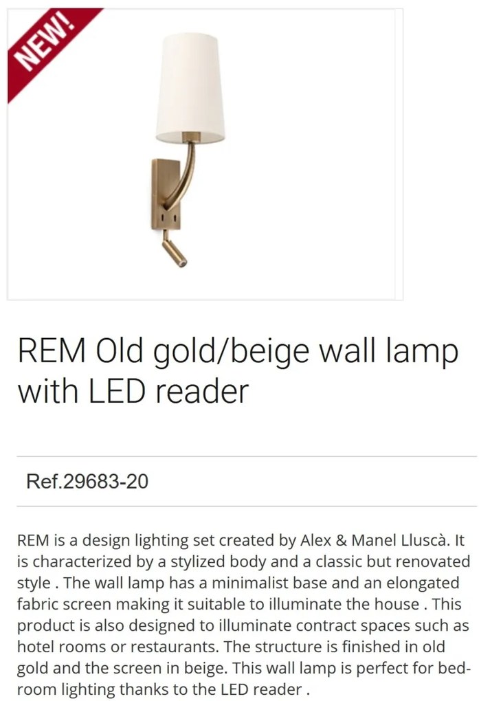 Aplica perete cu reader LED design clasic REM auriu/bej