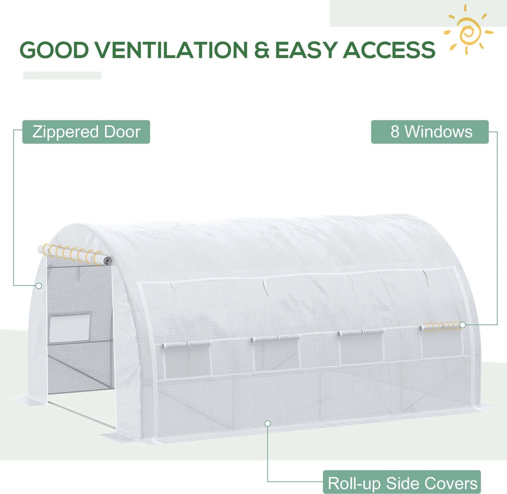 Outsunny Seră cu Tunel cu Ușă, Panouri și 8 Ferestre Rulabile, în Oțel Zincat și PE, 3.97x3x2 m, Alb | Aosom Romania