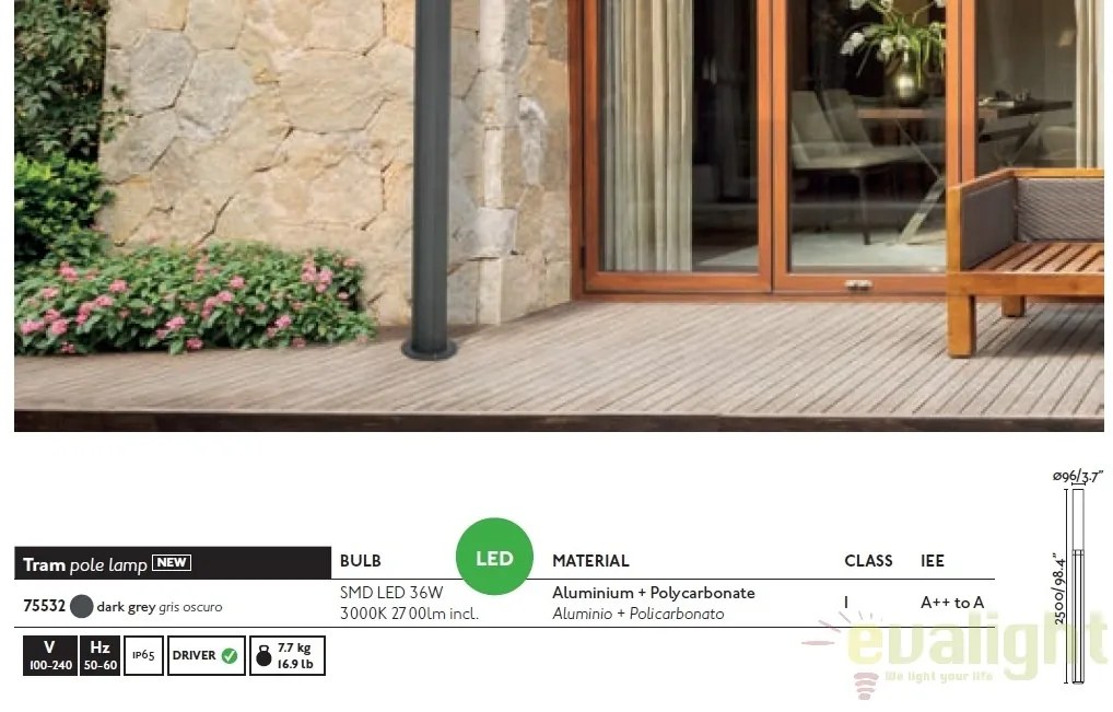 Stalp LED de iluminat exterior modern cu protectie IP65 TRAM 75532