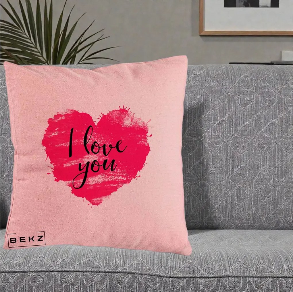 Cadou Romantic - Perna Personalizata I Love You Inima Roz, 40x40 cm, Roz, Husa Detasabila, Perna Inclusa, BEKZ®