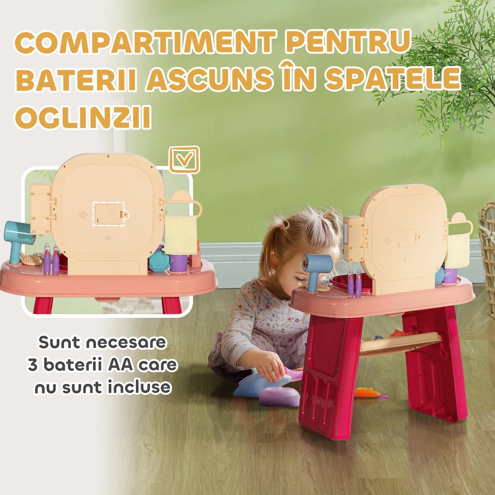 AIYAPLAY Masă de Toaletă pentru Fetițe 3-6 Ani cu Oglindă din Acrilic și Robinet, Jucărie pentru Copii din Plastic, 55x29x71 cm, Roz | Aosom Romania