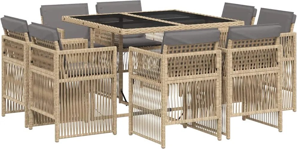 vidaXL Set de masă pentru grădină, 9 piese, cu perne, bej, poliratan