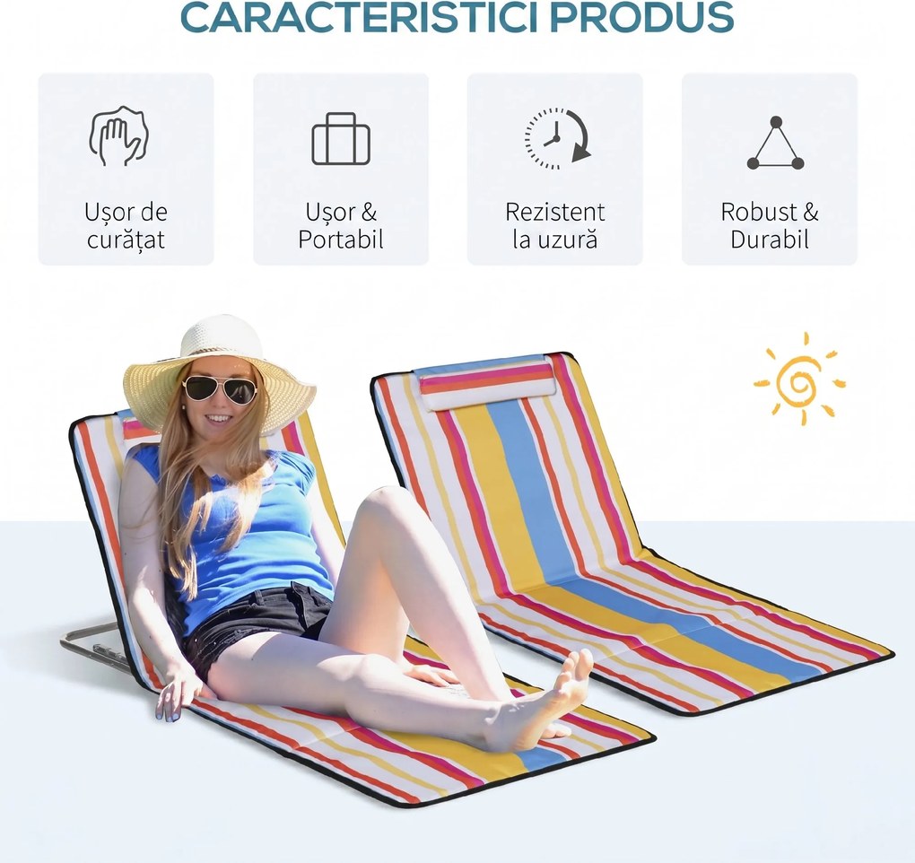 Outsunny Set 2 Șezlonguri de Plajă cu Spătar Reglabil pe 5 Niveluri, Tetieră și Geantă de Transport, 124x53x35-45 cm, Multicolor | Aosom Romania