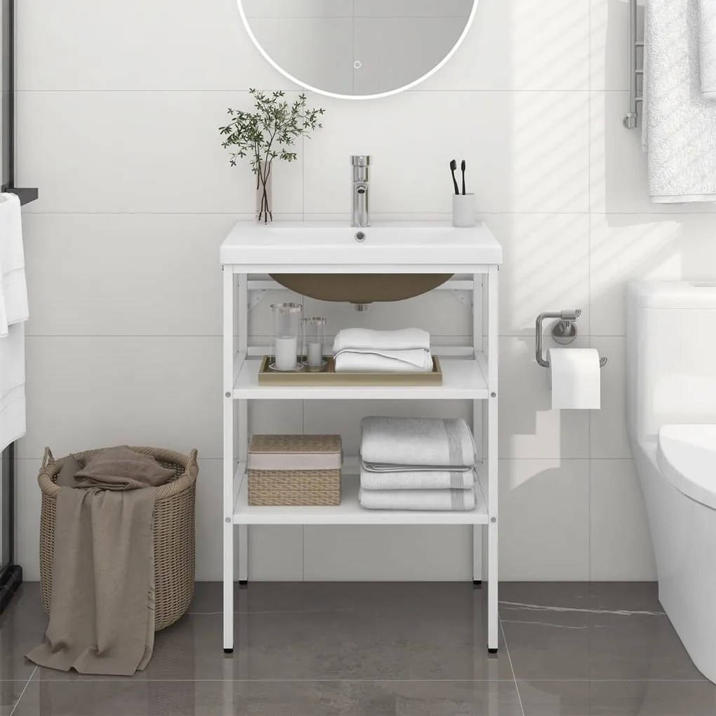 3101374 vidaXL Cadru lavoar baie cu chiuvetă încorporată, alb, fier