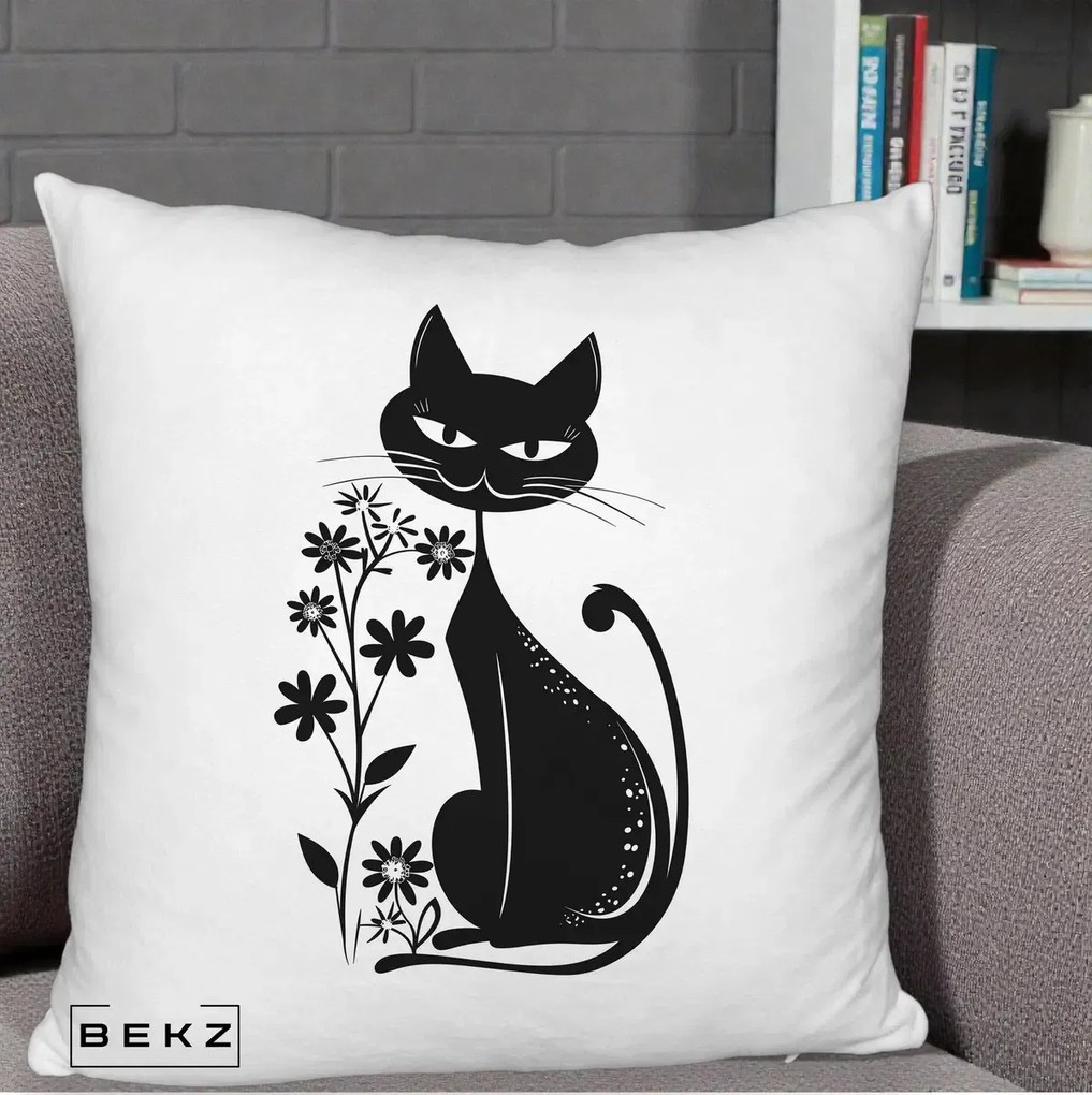Perna Decorativa Pisica Neagra Grafica Minimalista, 40x40 cm, Alb Pufos, Husa Detasabila, Perna Inclusa, BEKZ®