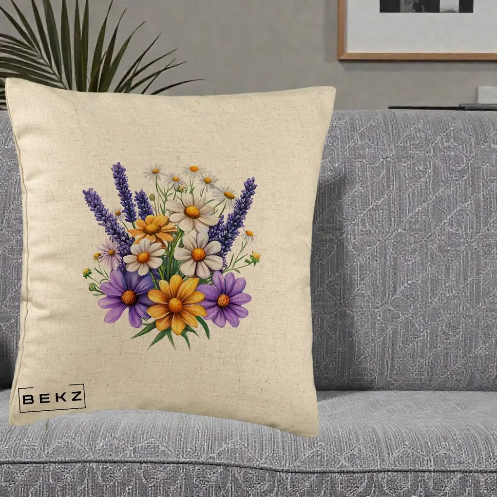Perna Decorativa Lavanda Musetel si Flori Mov, 40x40 cm, Bej, Husa Detasabila, Perna Inclusa, BEKZ®