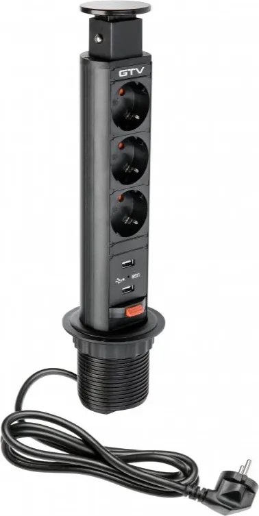 Priză încorporabilă în blat Elevator GTV, 3 prize Schuko, 2 x USB A, negru, D:60 mm Aluminiu, Negru, D:60 mm
