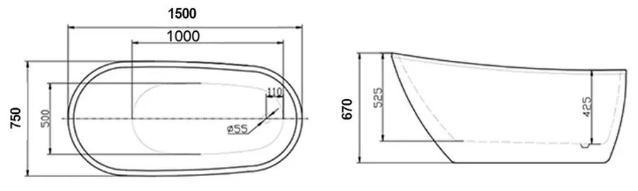 Cada baie freestanding alba, ovala, acril, 150 x 75 cm, Florida Natalia P-152 1500x750 mm