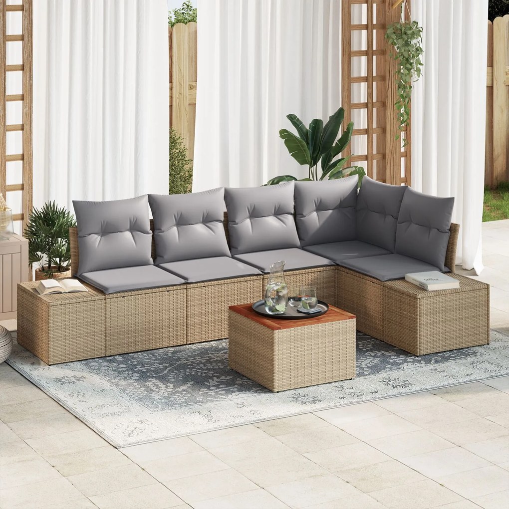vidaXL Set de canapea pentru grădină, 6 piese, cu perne bej din rattan poliesteric și lemn de acacia.