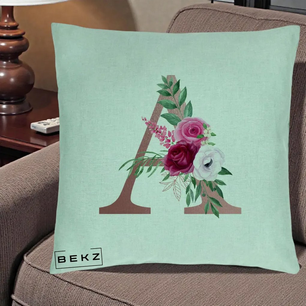 Cadou Personalizat - Perna Personalizata Monograma Rose Gold Litera A, 40x40 cm, Verde Menta, Husa Detasabila, Perna Inclusa, BEKZ®