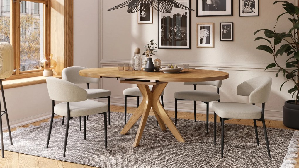 Mazzoni RENZO Stejar Natural - MASĂ ROTUNDĂ DIN LEMN Ø110 EXTENSIBILĂ PÂNĂ LA 180 cm | PENTRU BUCĂTĂRIE SUFRAGERIE LIVING RETRO