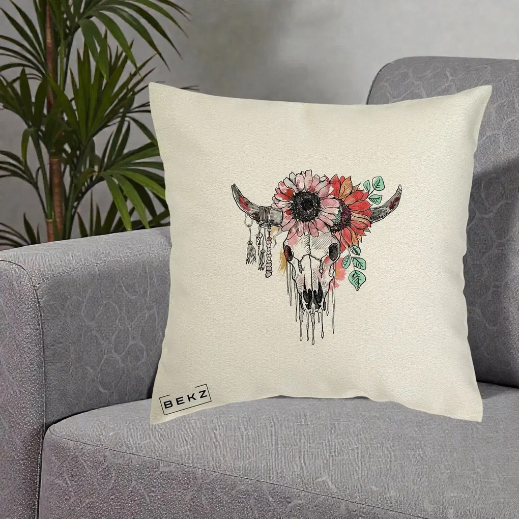 Perna Decorativa Craniu Boho Floral, 40x40 cm, Ecru, Husa Detasabila, Perna Inclusa, BEKZ®