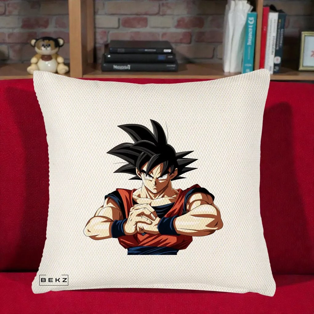 Perna Personalizata Dragon Ball Goku Portret Serios, 40x40 cm, Crem Reliefat, Husa Detasabila, Perna Inclusa, BEKZ®