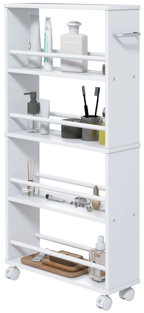 HOMCOM Cărucior de depozitare cu 4 niveluri, cărucior cu role și mânere, cărucior îngust, 45 x 15 x 91 cm, alb | Aosom Romania