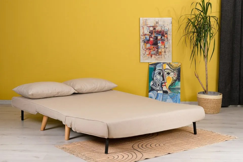 Canapea Extensibila 2 Locuri, Cadru Metalic, Folde, Crem