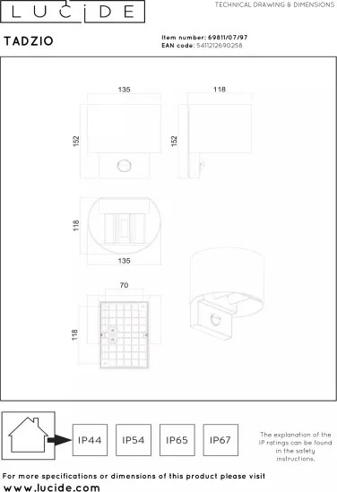 Lucide 69811/07/97-LED Corp de iluminat exterior cu senzor de mișcare TADZIO LED/7W/230V IP65