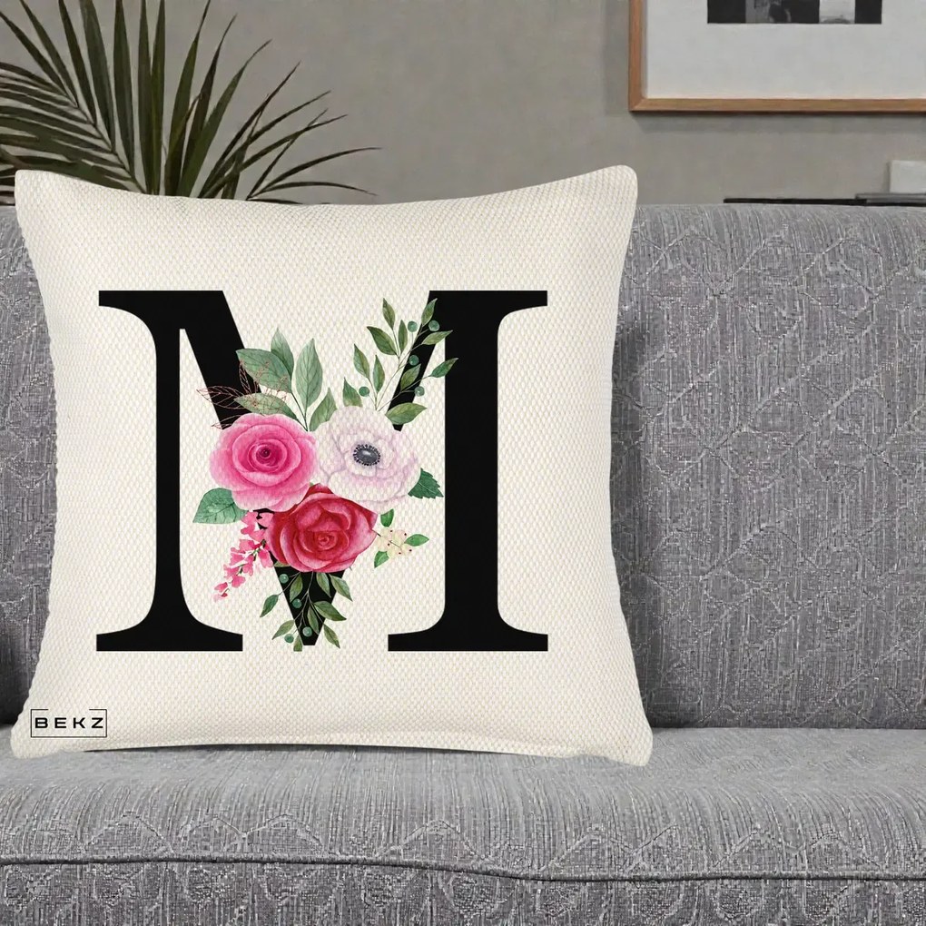 Cadou Personalizat - Perna Personalizata Monograma Florala Litera M cu Trandafiri si Anemona, 40x40 cm, Crem Reliefat, Husa Detasabila, Perna Inclusa, BEKZ®