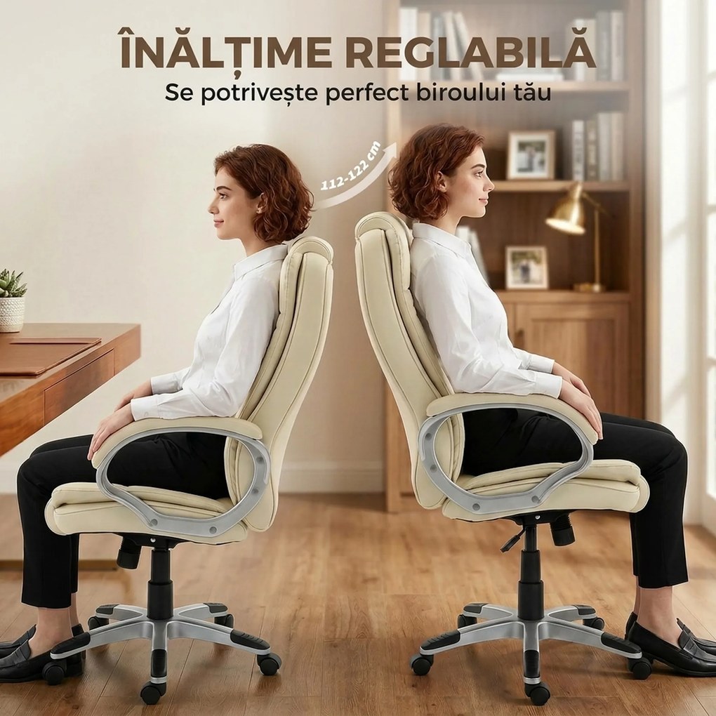 HOMCOM Scaun de Birou Rotativ din PU, Funcție Balansare, Spătar Înalt, Înălțime Reglabilă, Capacitate 120kg, Negru | Aosom Romania