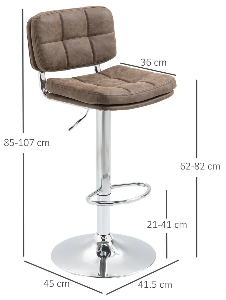 Set 2 Scaune de Bar HOMCOM Pivotante cu Inaltime Reglabila, Imitatie de Piele Maro, Argintiu 41,5x45x85-107cm | Aosom RO