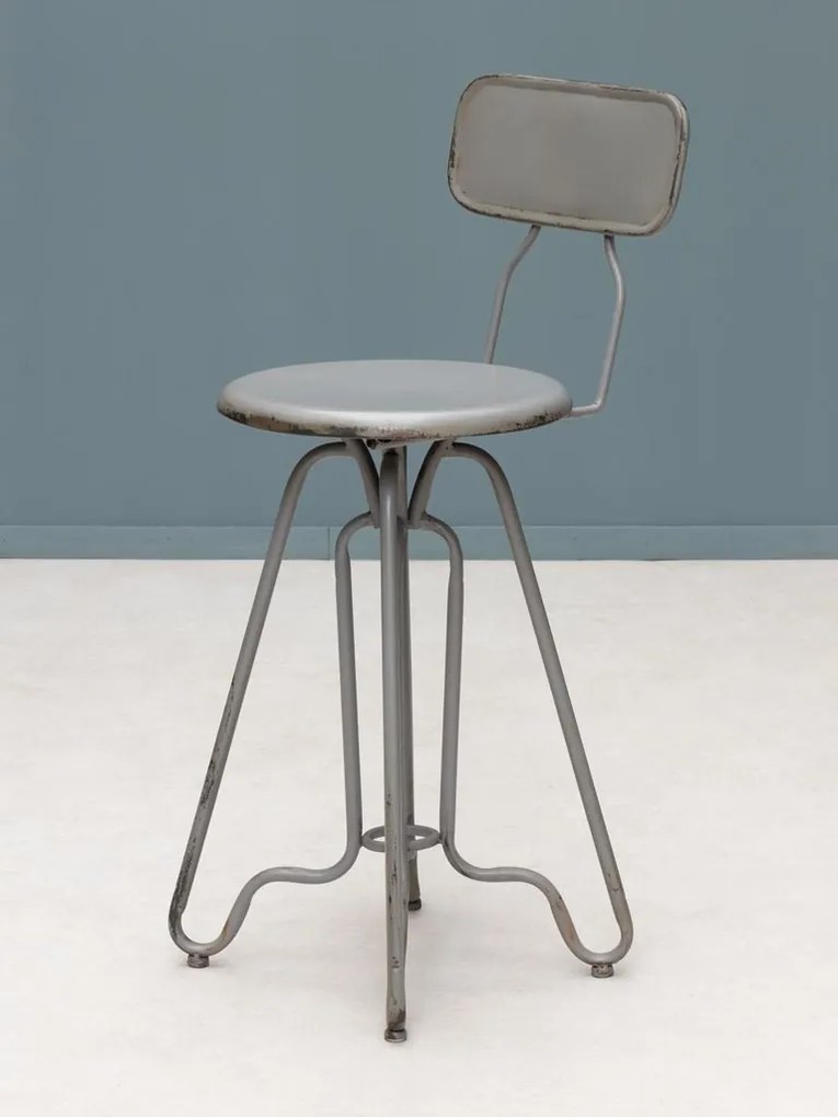 Scaun de bar cu spătar pentru insulă, în stil industrial, din metal, gri, picioare curbate, finisaj antichizat, 88 x 35 x 41 cm, „Valéry”
