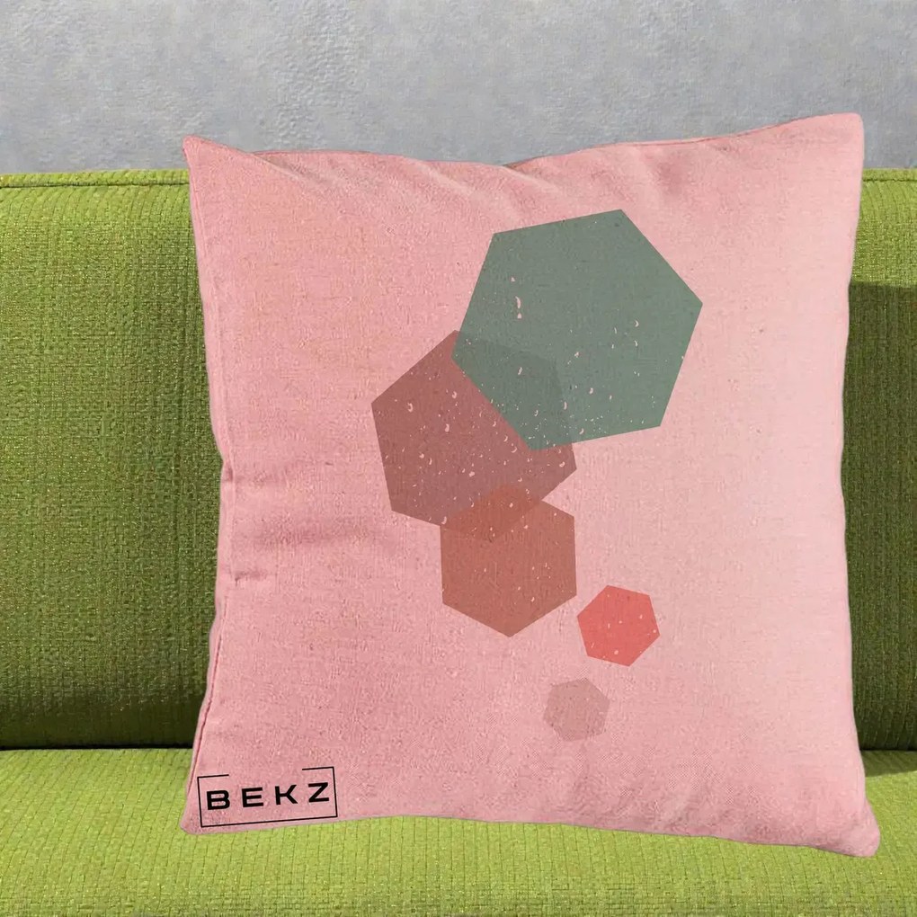 Perna Decorativa Geometric Hexagoane Pastel, 40x40 cm, Roz, Husa Detasabila, Perna Inclusa, BEKZ®