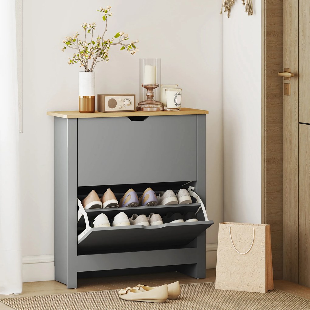 HOMCOM Dulap pentru încălțăminte 12 perechi, dulap îngust cu 2 sertare rabatabile și polițe reglabile, gri deschis | Aosom Romania