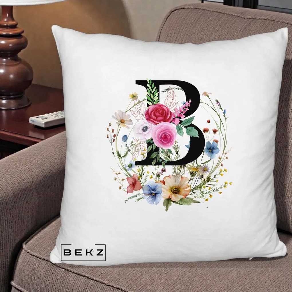Cadou Personalizat - Perna Personalizata Monogram Litera B cu Flori Acuarela, 40x40 cm, Alb Pufos, Husa Detasabila, Perna Inclusa, BEKZ®