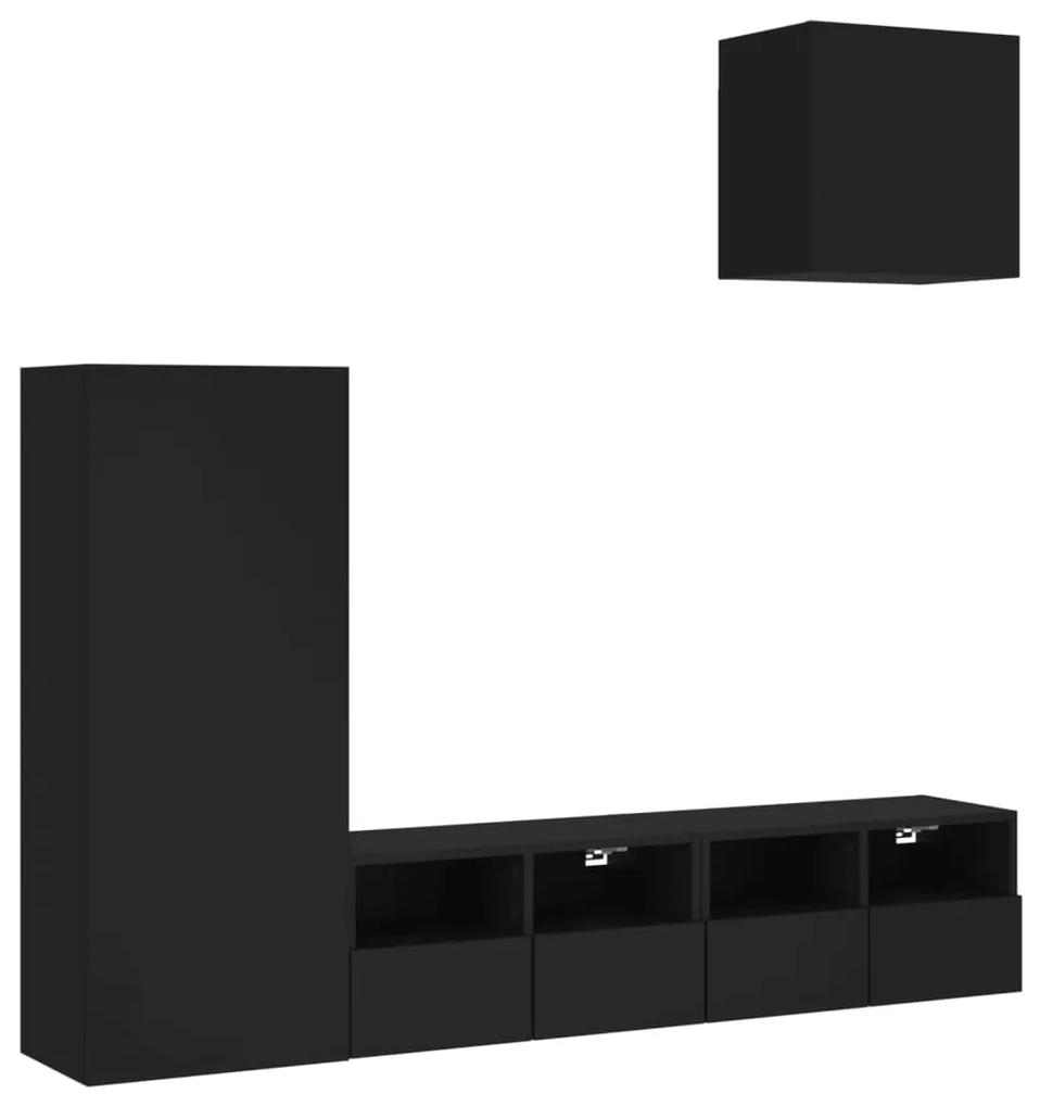 3216501 vidaXL Unități TV de perete, 4 piese, negru, lemn prelucrat