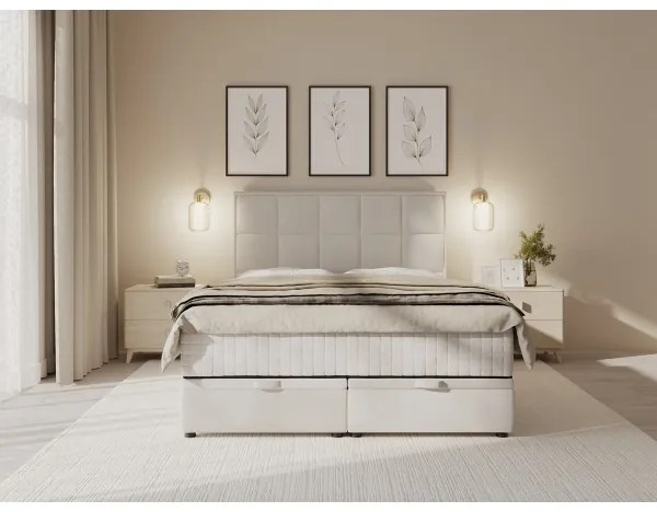 Pat tapițat GRACE 160x200 cm, bej, cu saltele incluse și spațiu de depozitare