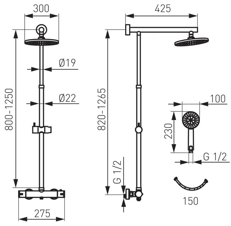 Set paravan dus walk-in 90x200 cm, rigola si coloana de dus cu baterie termostatata aurie Anima