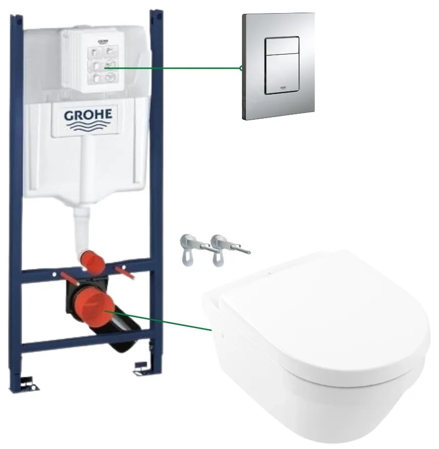 Set vas wc suspendat rimless cu capac VilleroyBoch, Architectura plus rezervor incastrat si clapeta crom Skate Cosmopolitan Grohe