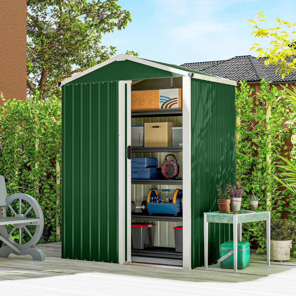 Outsunny Căsuță de Grădină 1.1m² din Oțel Galvanizat, Căsuță de Depozitare cu Ușă Glisantă Blocabilă, Acoperiș Înclinat, Mănuși, Căsuță de Unelte, 136x87x179 cm, Verde | Aosom Romania