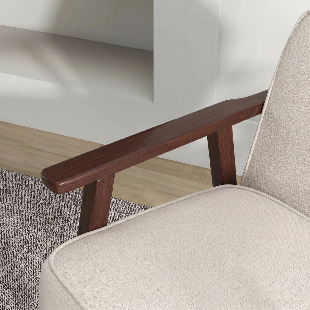 HOMCOM Fotoliu Balansoar pentru Interior din Material Efect In si Lemn cu Cotiere si Perne, 66x78x76 cm, Bej si Maro | Aosom Romania