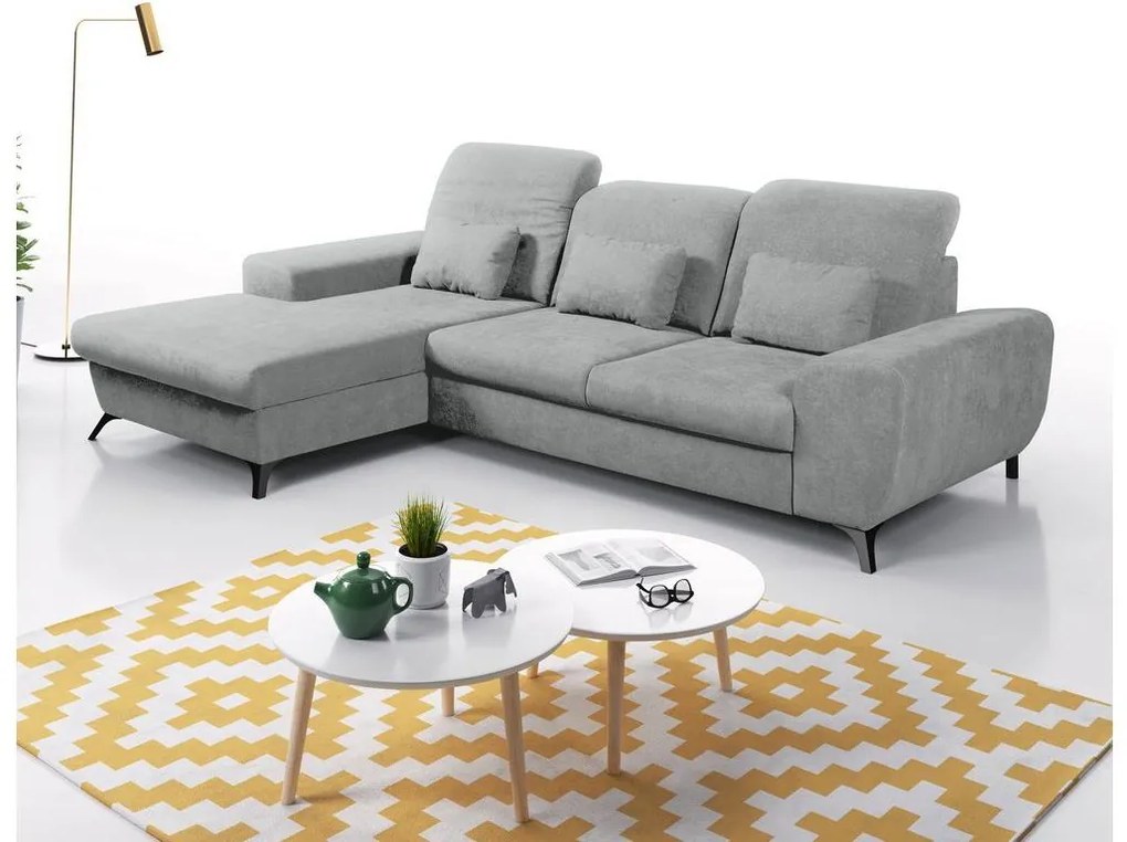 Colțar extensibil tapițat ALTA, cu spațiu de depozitare, formă L, orientare stânga, gri