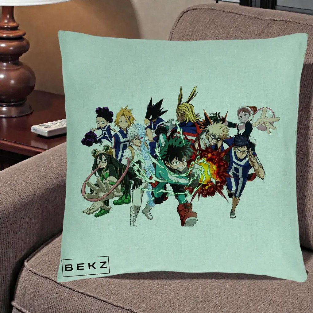 Perna Personalizata My Hero Academia Clasa 1-A Complet, 40x40 cm, Verde Menta, Husa Detasabila, Perna Inclusa, BEKZ®