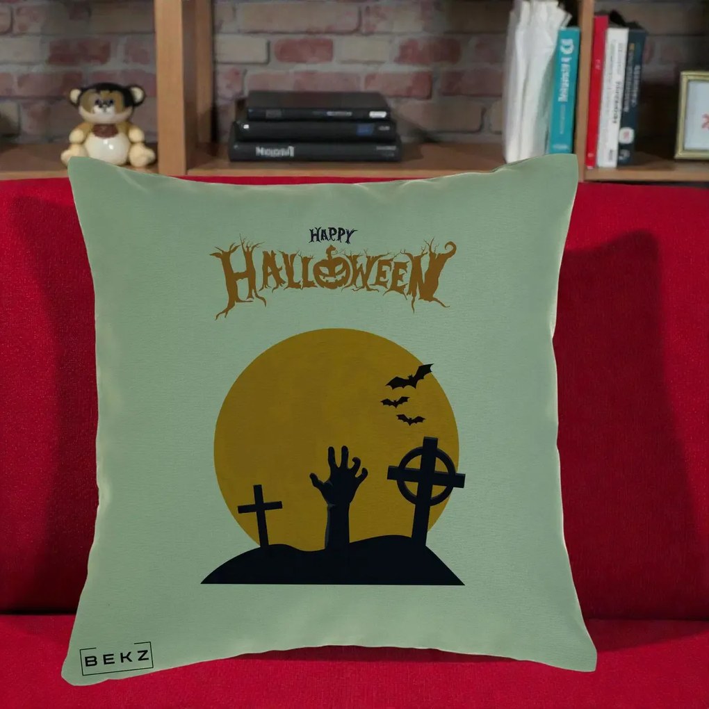 Perna Decorativa Happy Halloween Cimitir cu Luna, 40x40 cm, Verde, Husa Detasabila, Perna Inclusa, BEKZ®
