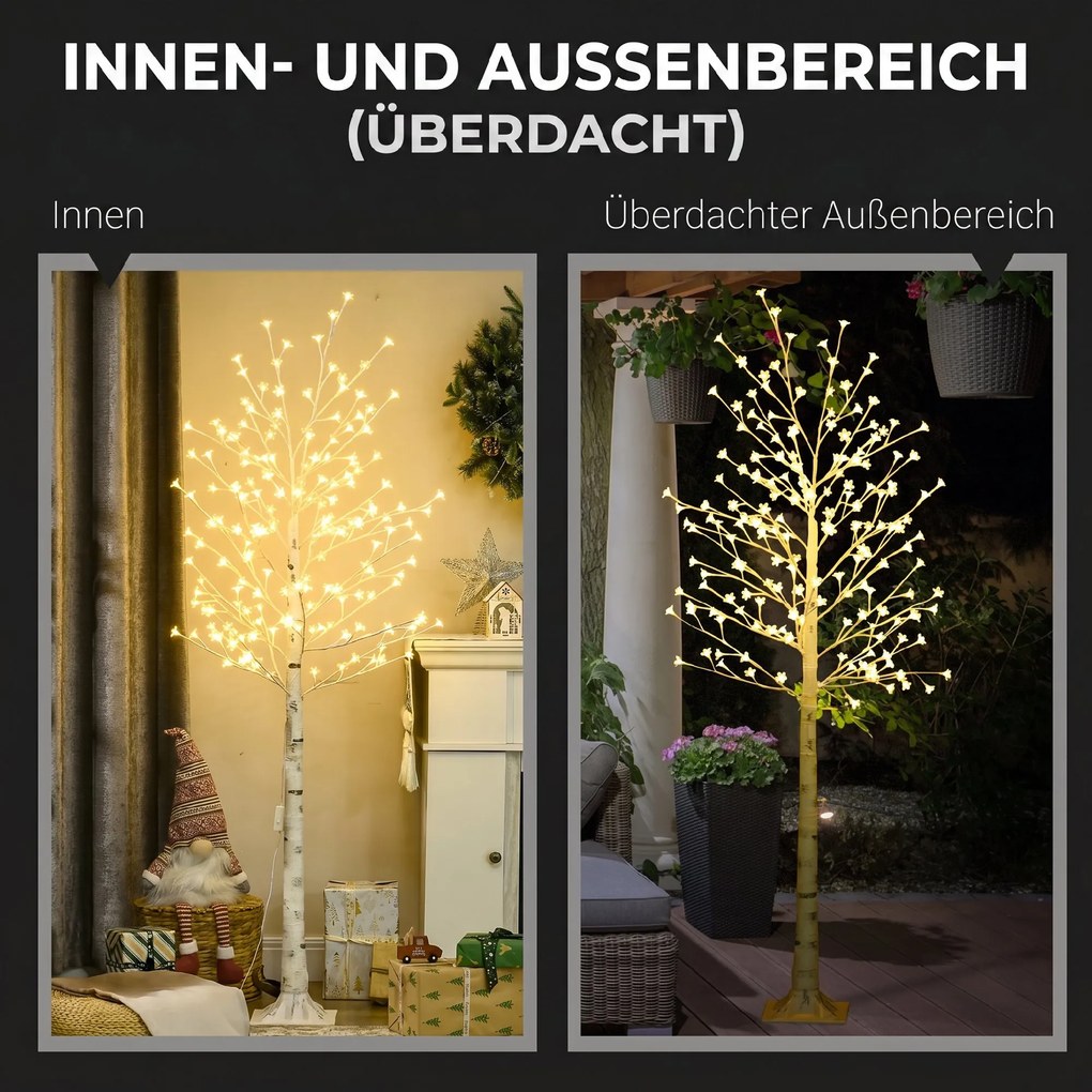 HOMCOM Brad de Mesteacăn cu 180 de Lumini LED Înălțime 180cm 3 Nivele de Luminozitate Alb | Aosom Romania